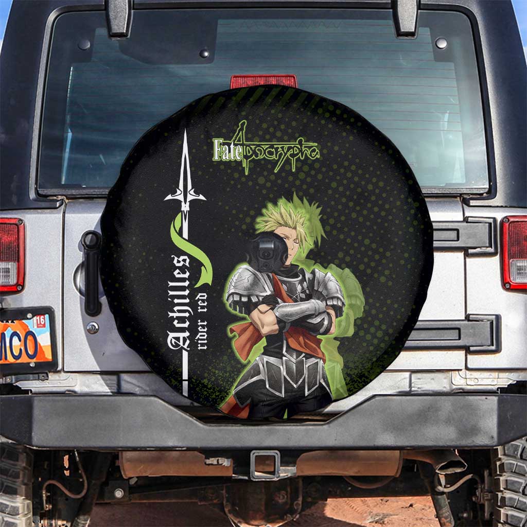 Achilles Fate Apocrypha Theme Spare Tire Cover with Spear Pose and Green Black Grunge Graphic Design - The Mazicc