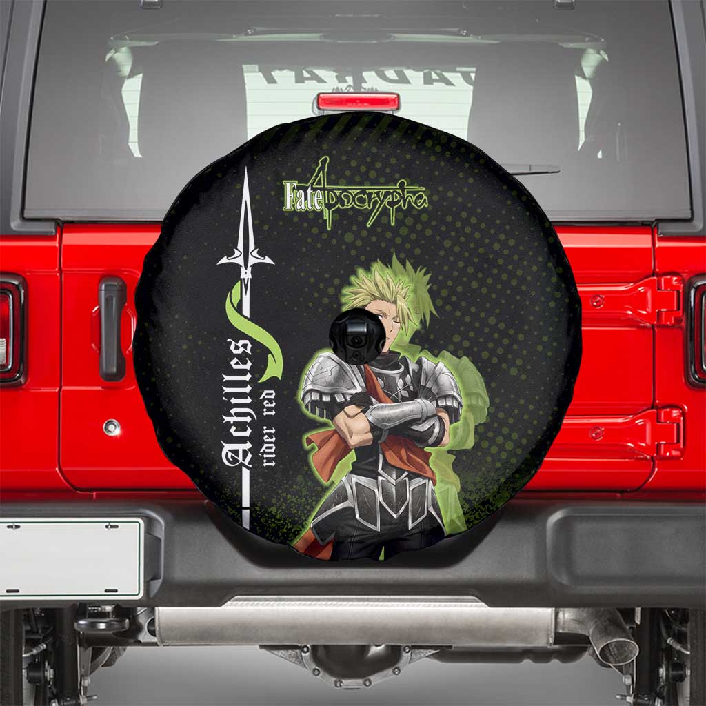 Achilles Fate Apocrypha Theme Spare Tire Cover with Spear Pose and Green Black Grunge Graphic Design - The Mazicc