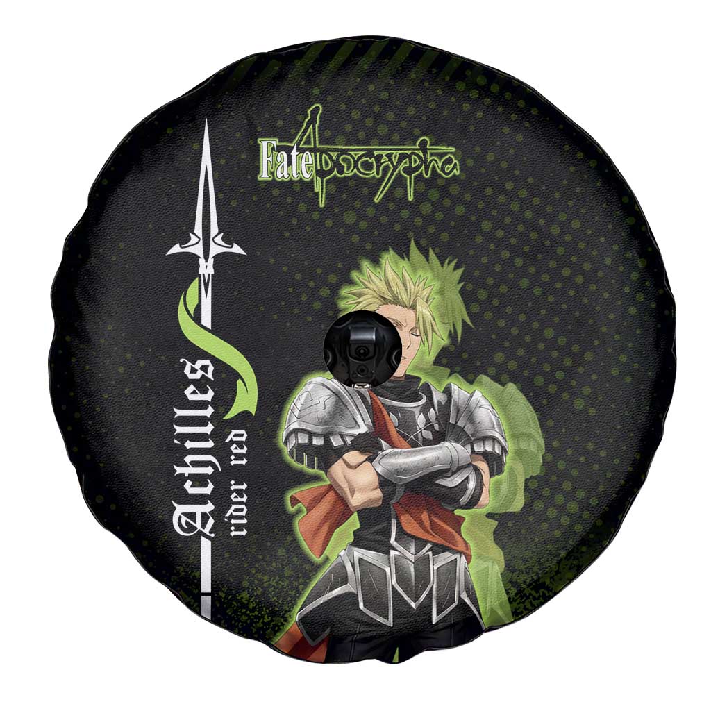 Achilles Fate Apocrypha Theme Spare Tire Cover with Spear Pose and Green Black Grunge Graphic Design - The Mazicc