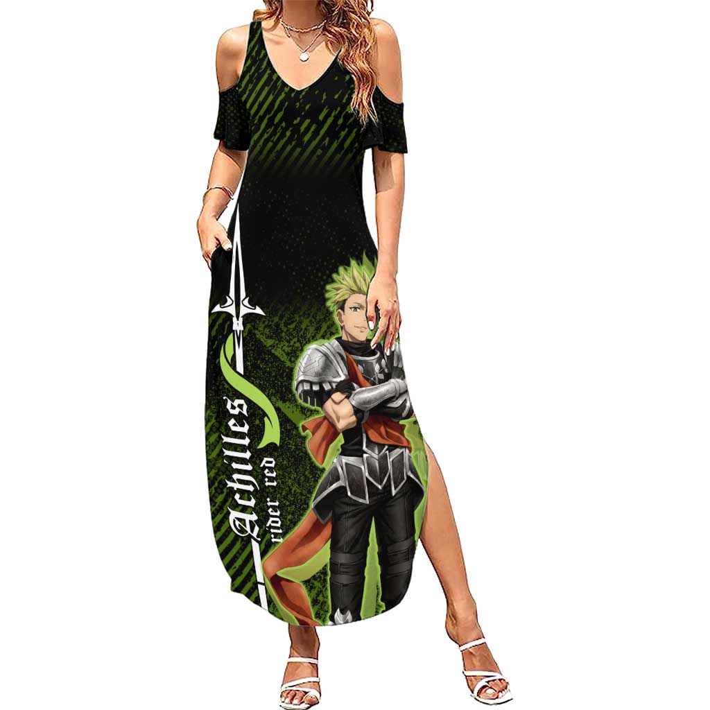 Achilles Fate Apocrypha Theme Summer Maxi Dress with Spear Pose and Green Black Grunge Graphic Design - The Mazicc