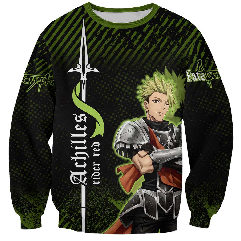 Achilles Fate Apocrypha Theme Sweatshirt with Spear Pose and Green Black Grunge Graphic Design - The Mazicc
