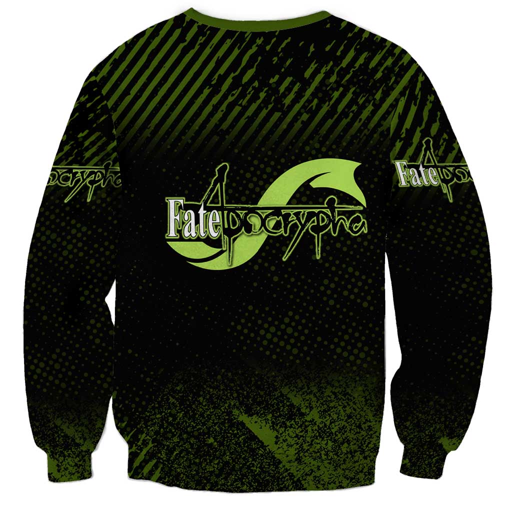 Achilles Fate Apocrypha Theme Sweatshirt with Spear Pose and Green Black Grunge Graphic Design - The Mazicc