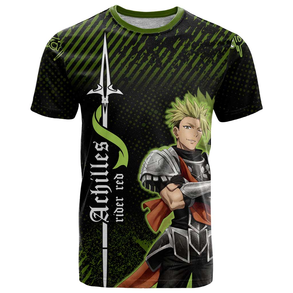 Achilles Fate Apocrypha Theme T Shirt with Spear Pose and Green Black Grunge Graphic Design - The Mazicc