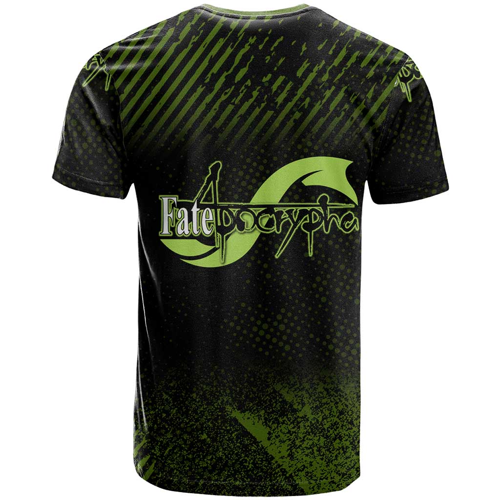 Achilles Fate Apocrypha Theme T Shirt with Spear Pose and Green Black Grunge Graphic Design - The Mazicc