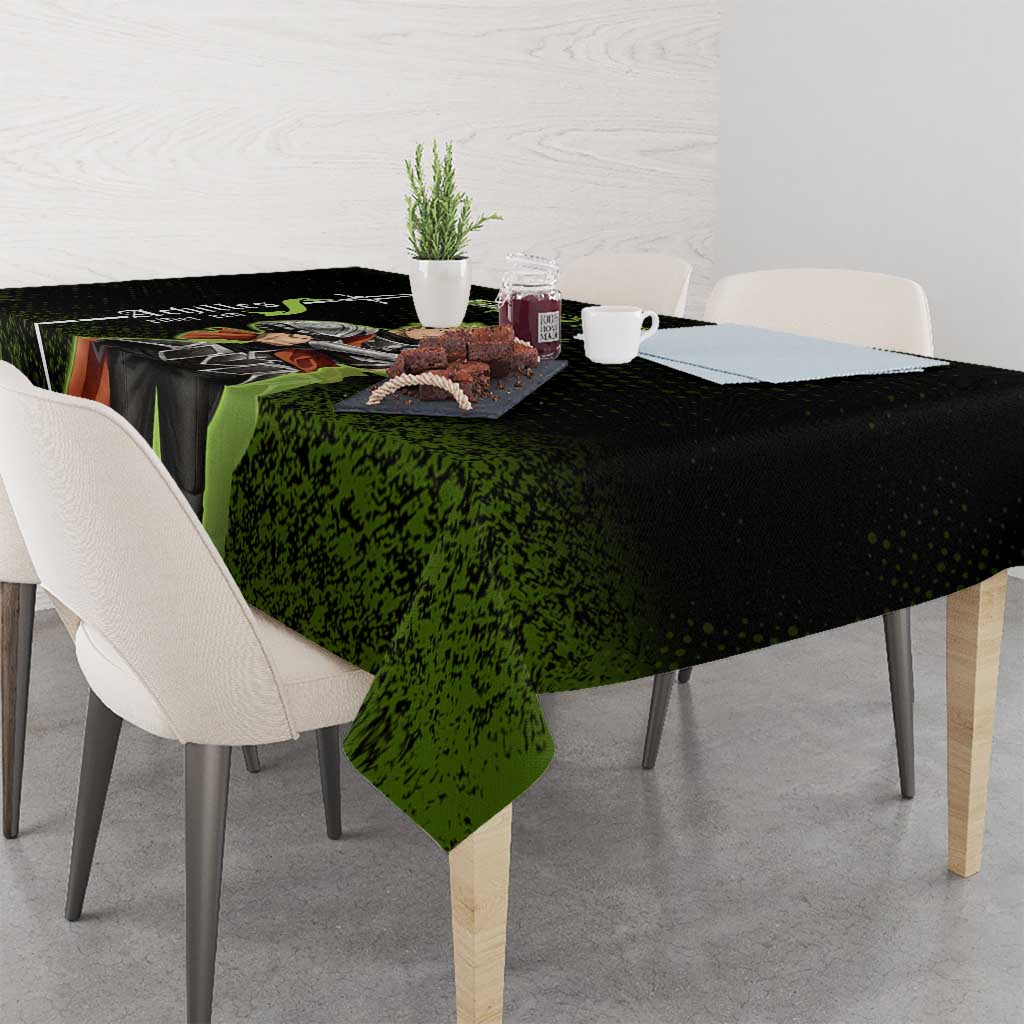 Achilles Fate Apocrypha Theme Tablecloth with Spear Pose and Green Black Grunge Graphic Design - The Mazicc