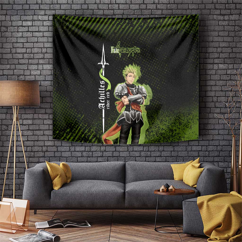 Achilles Fate Apocrypha Theme Tapestry with Spear Pose and Green Black Grunge Graphic Design - The Mazicc