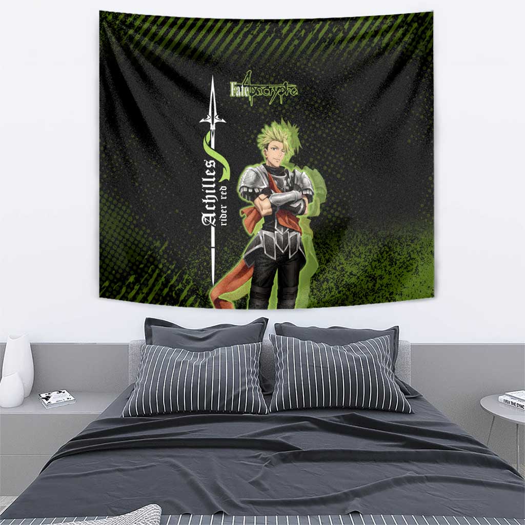 Achilles Fate Apocrypha Theme Tapestry with Spear Pose and Green Black Grunge Graphic Design - The Mazicc