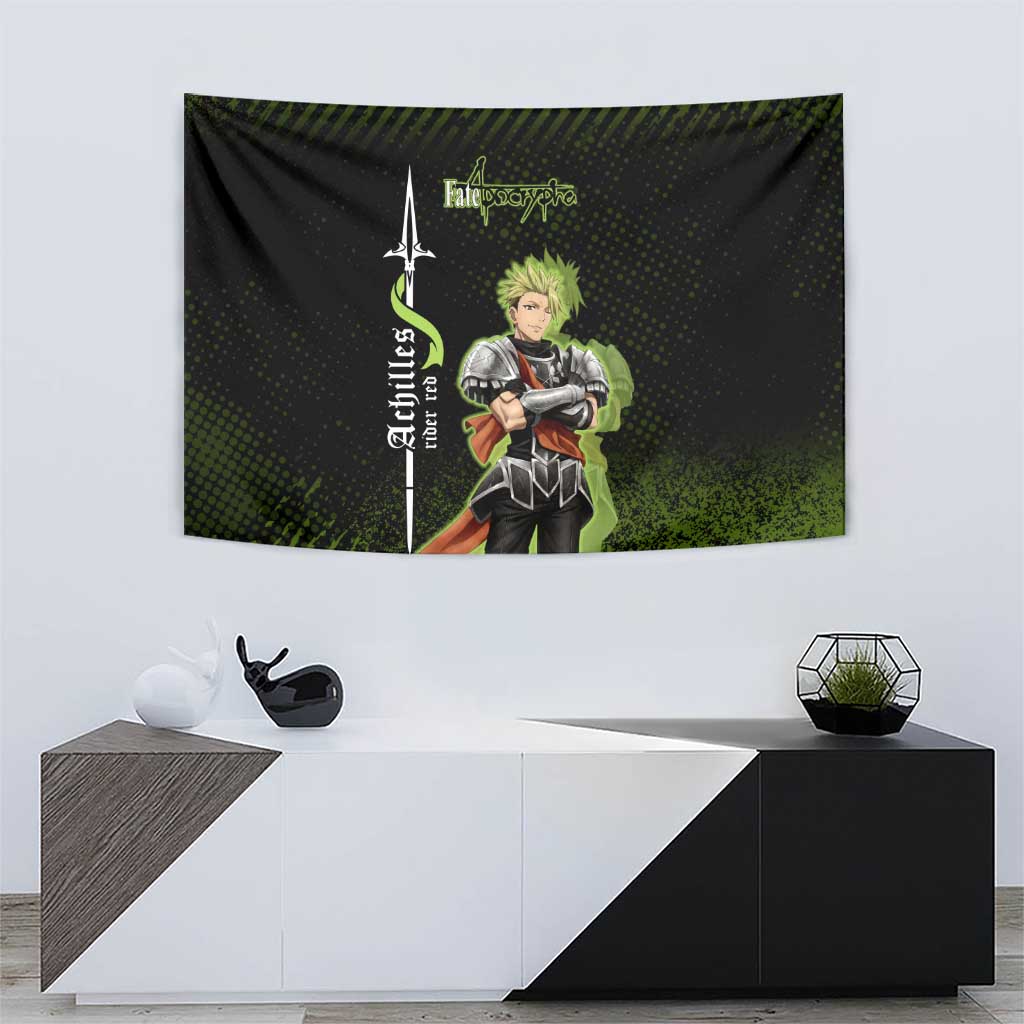Achilles Fate Apocrypha Theme Tapestry with Spear Pose and Green Black Grunge Graphic Design - The Mazicc