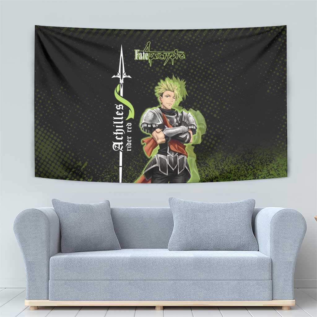 Achilles Fate Apocrypha Theme Tapestry with Spear Pose and Green Black Grunge Graphic Design - The Mazicc
