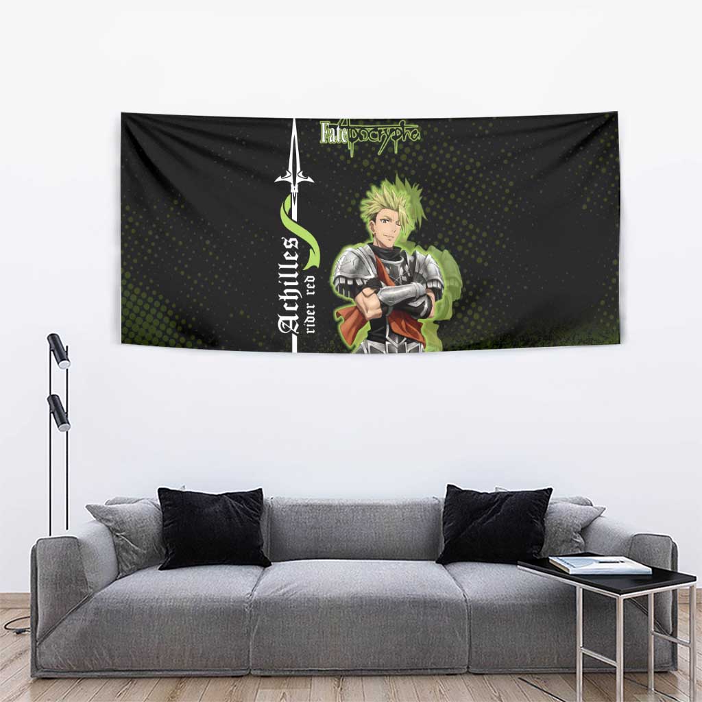 Achilles Fate Apocrypha Theme Tapestry with Spear Pose and Green Black Grunge Graphic Design - The Mazicc