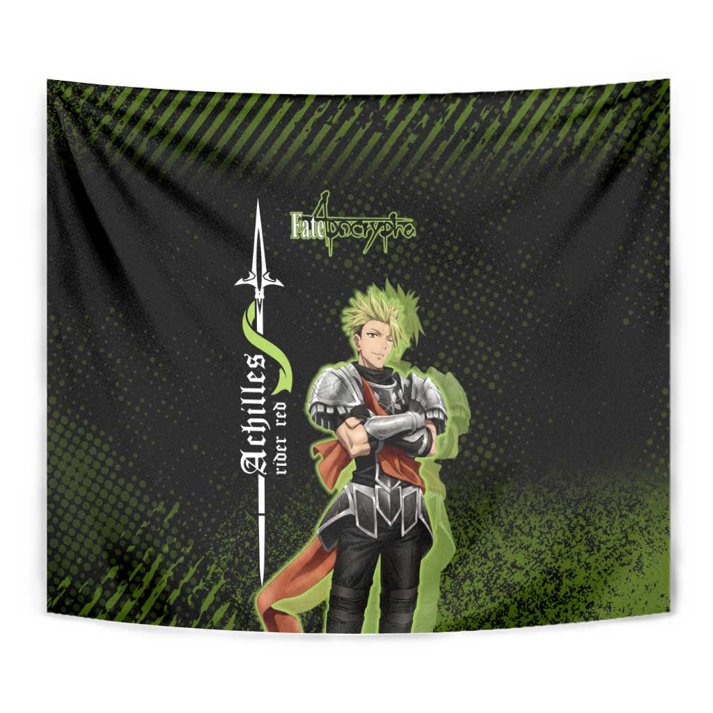 Achilles Fate Apocrypha Theme Tapestry with Spear Pose and Green Black Grunge Graphic Design - The Mazicc