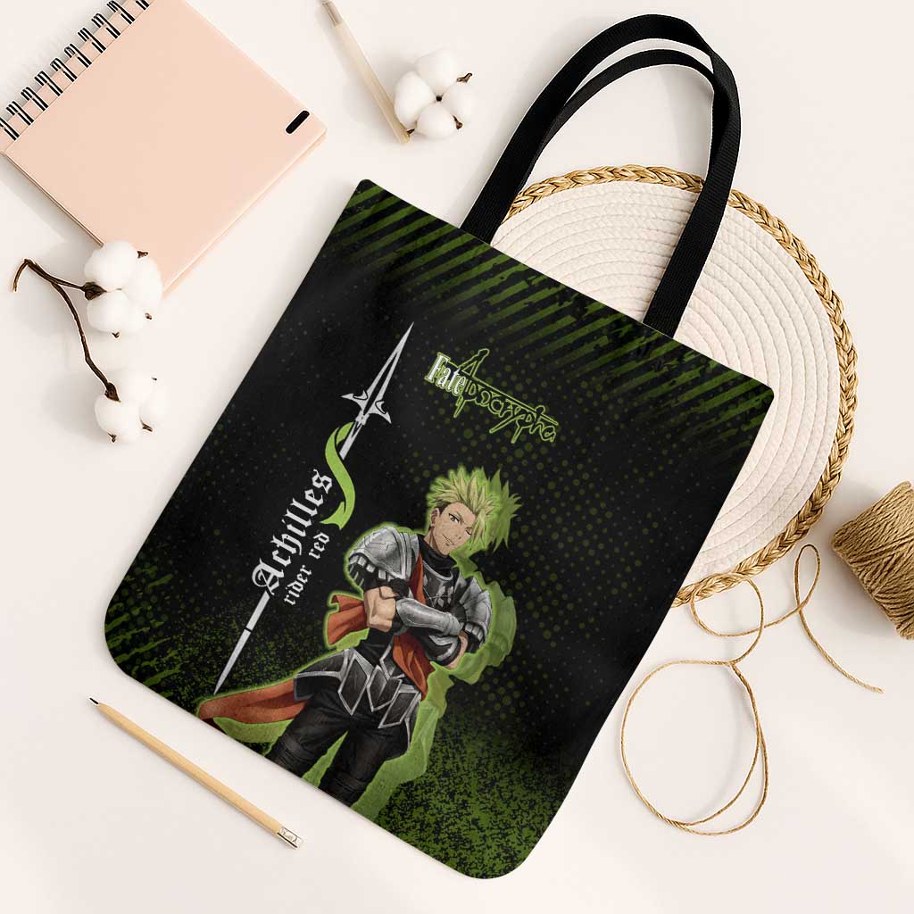 Achilles Fate Apocrypha Theme Tote Bag with Spear Pose and Green Black Grunge Graphic Design - The Mazicc