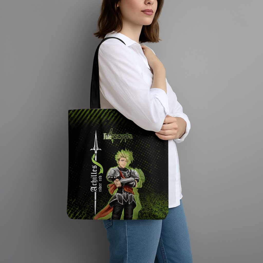 Achilles Fate Apocrypha Theme Tote Bag with Spear Pose and Green Black Grunge Graphic Design - The Mazicc