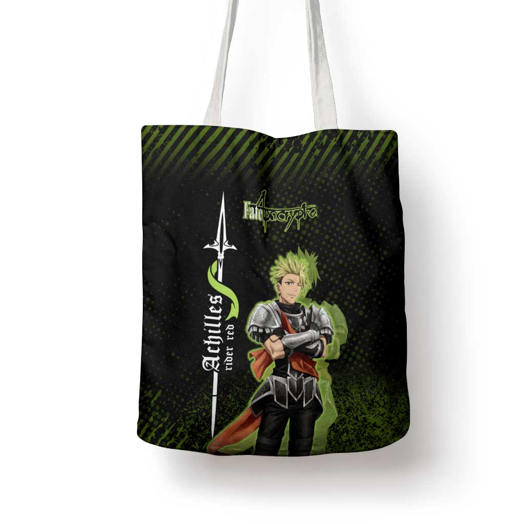 Achilles Fate Apocrypha Theme Tote Bag with Spear Pose and Green Black Grunge Graphic Design - The Mazicc