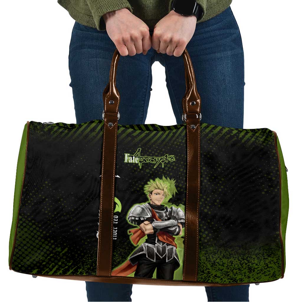 Achilles Fate Apocrypha Theme Travel Bag with Spear Pose and Green Black Grunge Graphic Design - The Mazicc