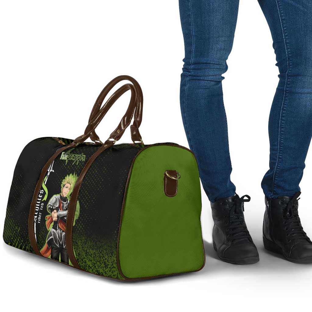 Achilles Fate Apocrypha Theme Travel Bag with Spear Pose and Green Black Grunge Graphic Design - The Mazicc