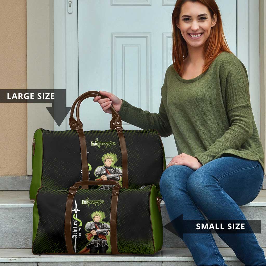Achilles Fate Apocrypha Theme Travel Bag with Spear Pose and Green Black Grunge Graphic Design - The Mazicc