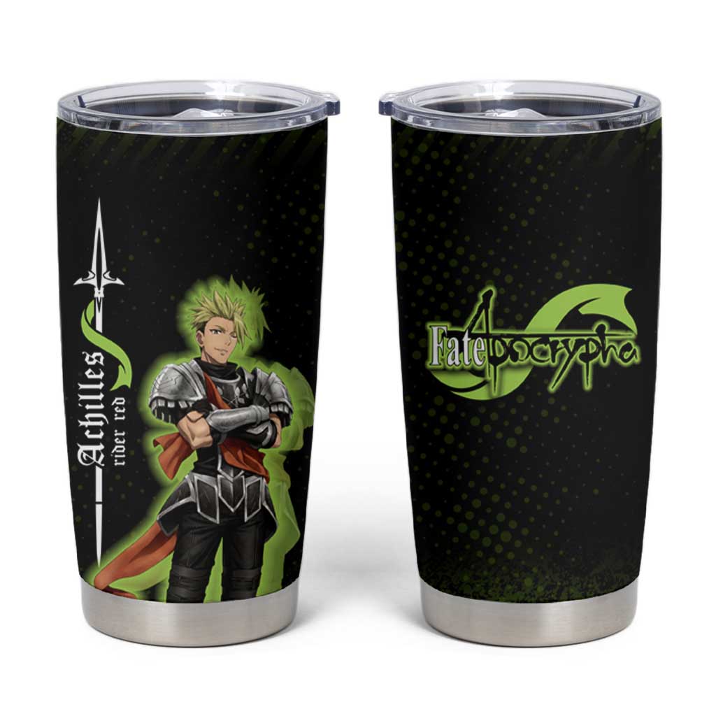 Achilles Fate Apocrypha Theme Tumbler Cup with Spear Pose and Green Black Grunge Graphic Design - The Mazicc