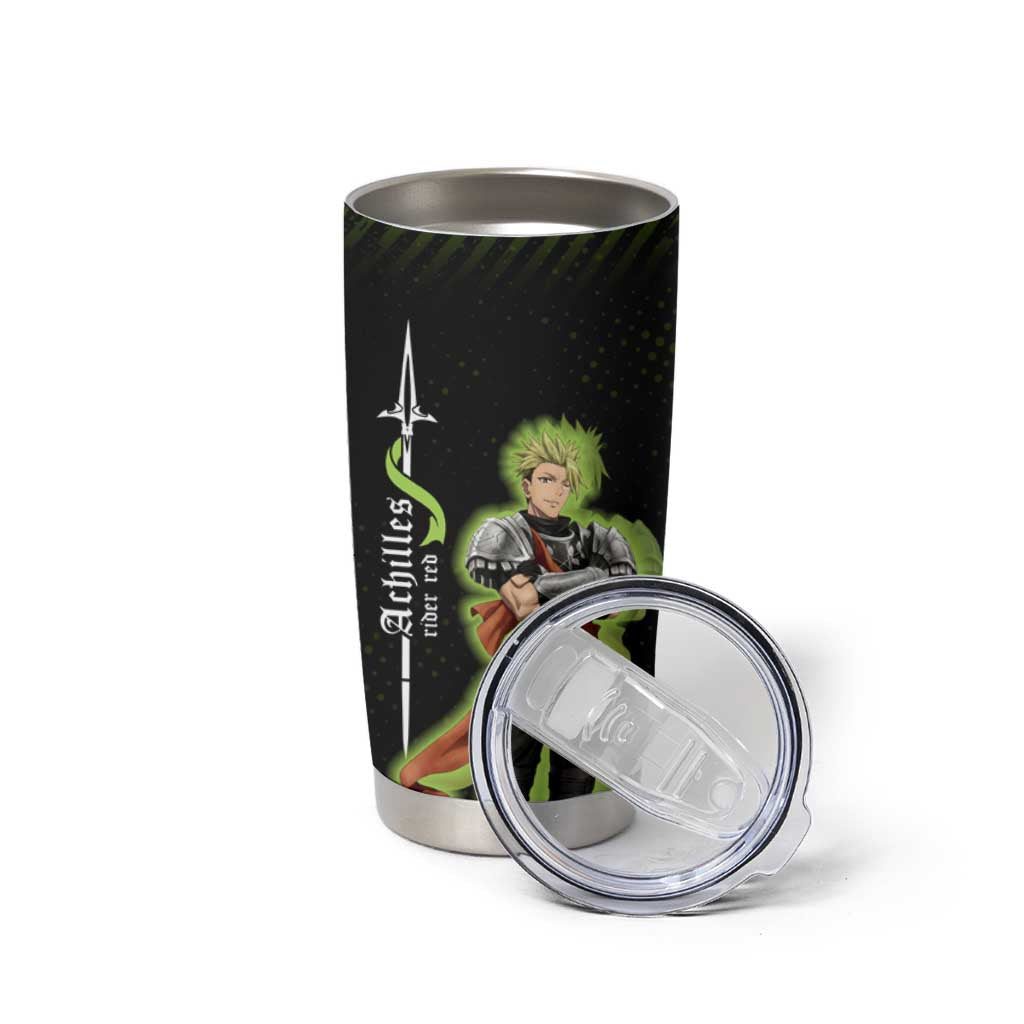 Achilles Fate Apocrypha Theme Tumbler Cup with Spear Pose and Green Black Grunge Graphic Design - The Mazicc