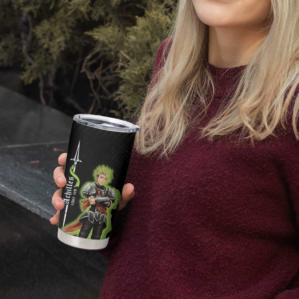 Achilles Fate Apocrypha Theme Tumbler Cup with Spear Pose and Green Black Grunge Graphic Design - The Mazicc
