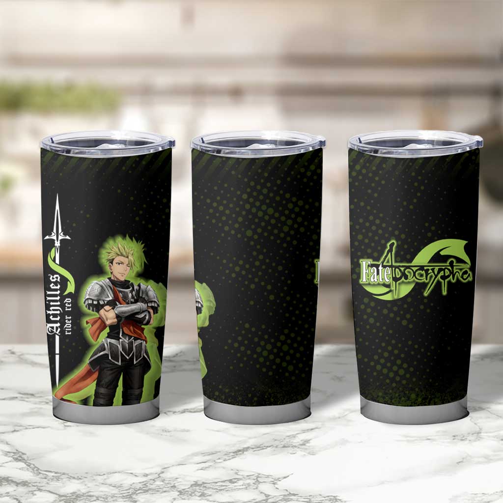 Achilles Fate Apocrypha Theme Tumbler Cup with Spear Pose and Green Black Grunge Graphic Design - The Mazicc
