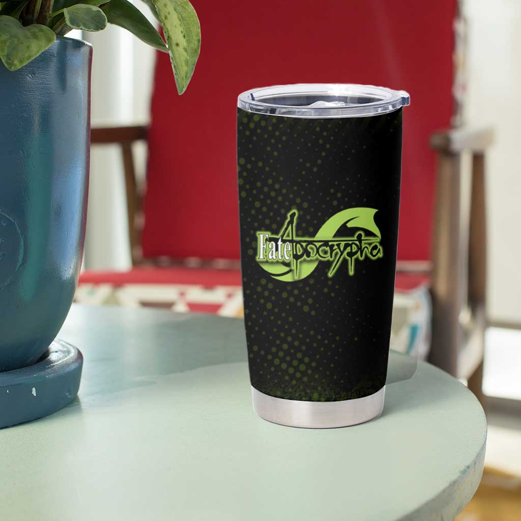 Achilles Fate Apocrypha Theme Tumbler Cup with Spear Pose and Green Black Grunge Graphic Design - The Mazicc