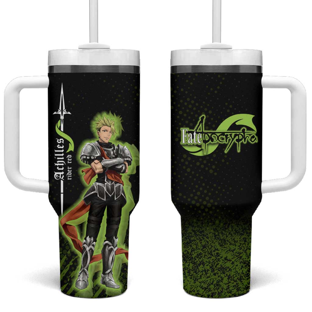 Achilles Fate Apocrypha Theme Tumbler With Handle with Spear Pose and Green Black Grunge Graphic Design - The Mazicc