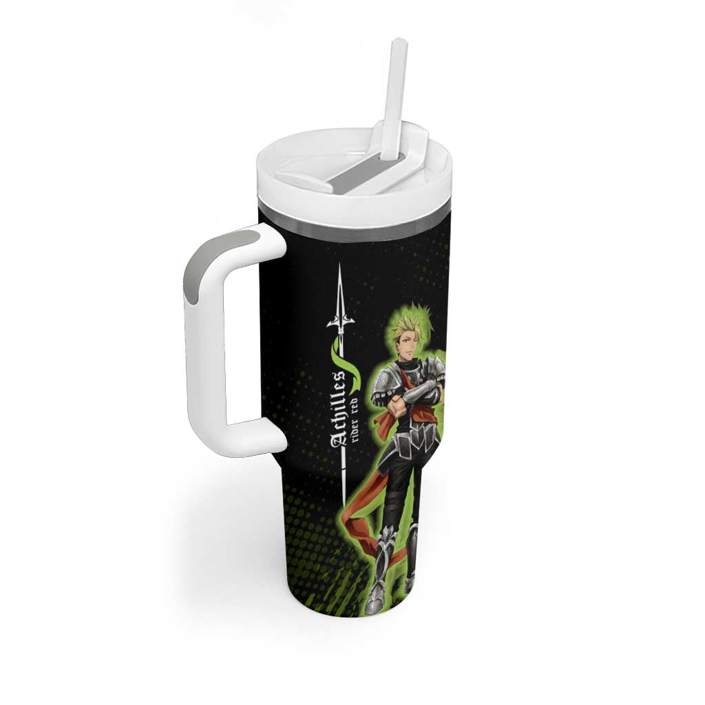 Achilles Fate Apocrypha Theme Tumbler With Handle with Spear Pose and Green Black Grunge Graphic Design - The Mazicc