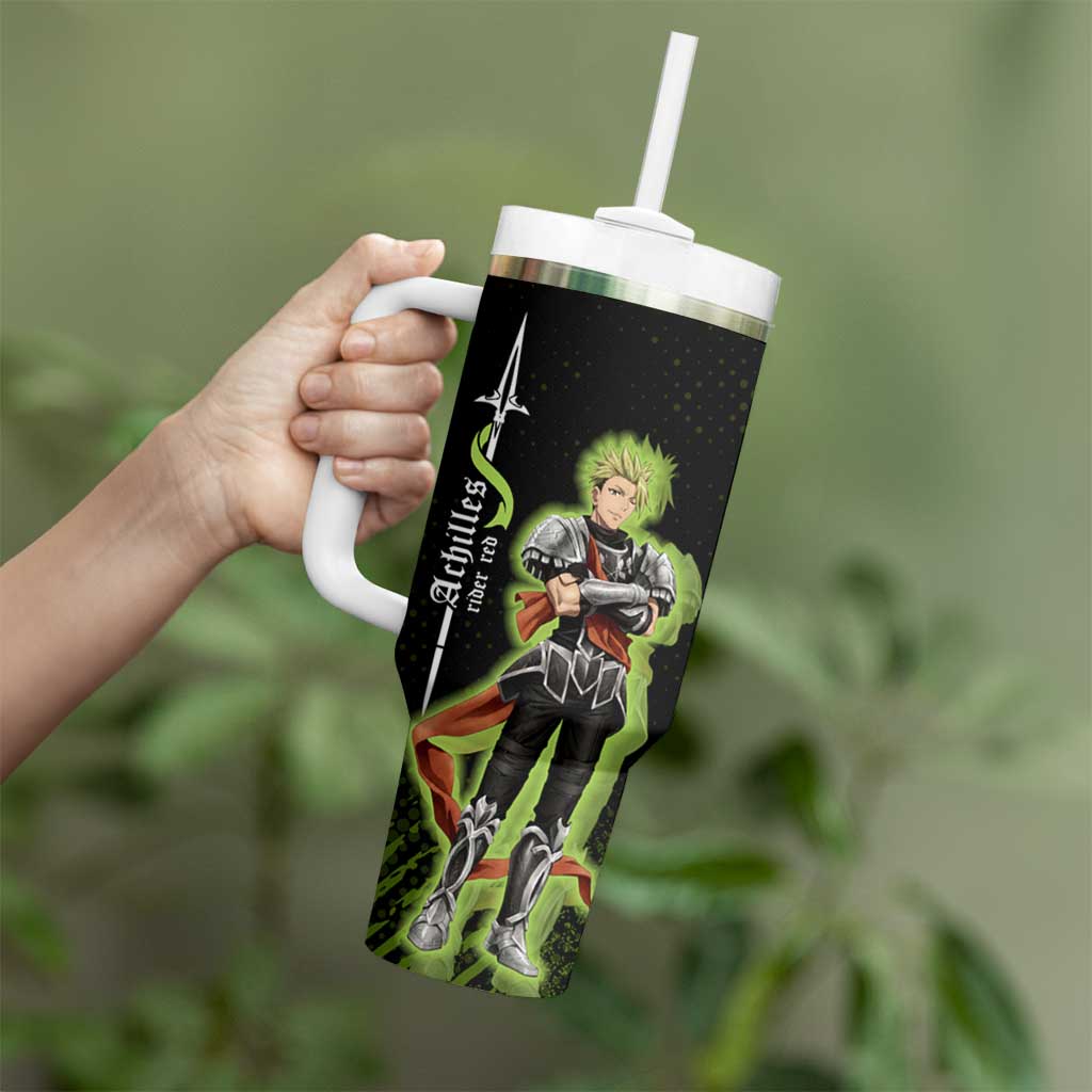 Achilles Fate Apocrypha Theme Tumbler With Handle with Spear Pose and Green Black Grunge Graphic Design - The Mazicc
