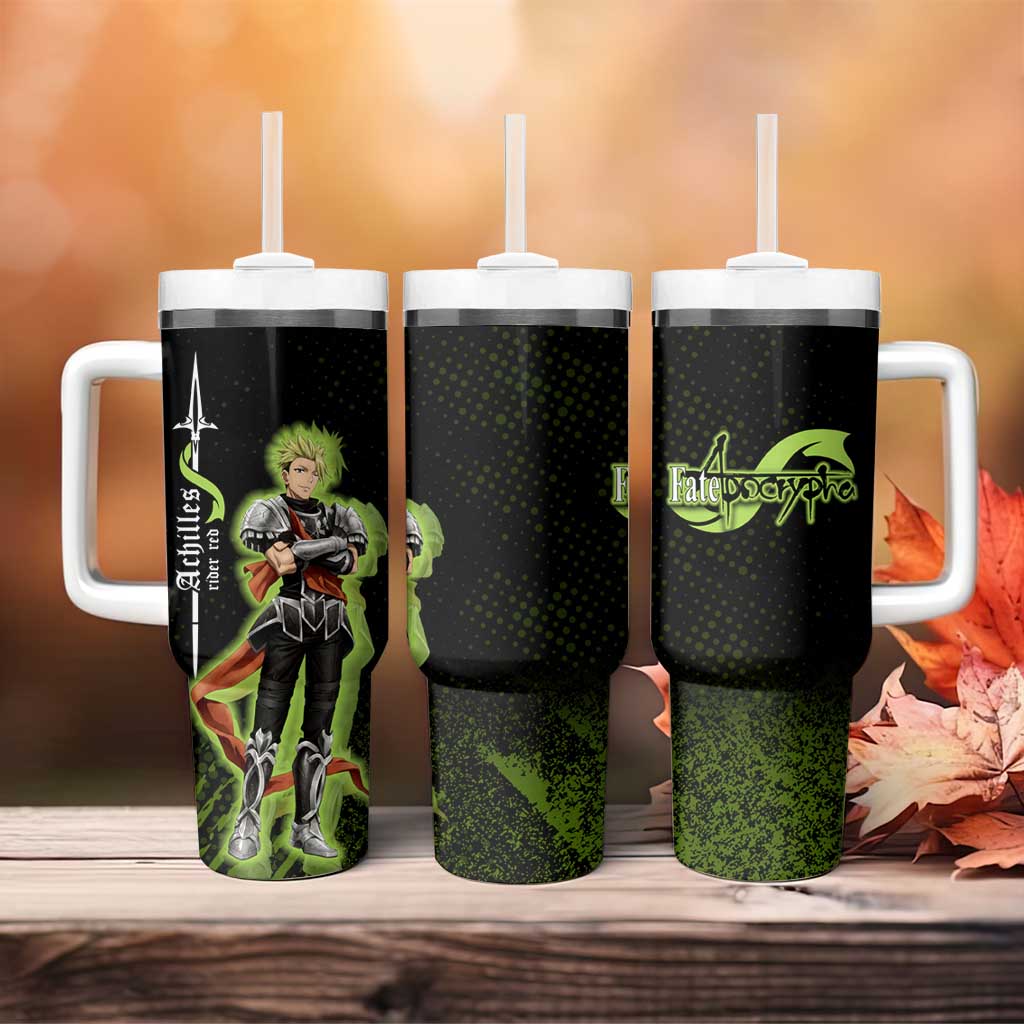 Achilles Fate Apocrypha Theme Tumbler With Handle with Spear Pose and Green Black Grunge Graphic Design - The Mazicc