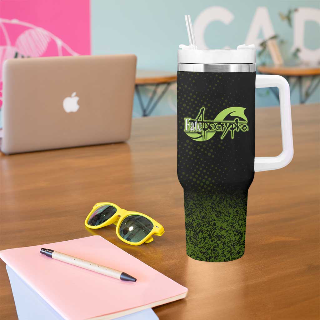 Achilles Fate Apocrypha Theme Tumbler With Handle with Spear Pose and Green Black Grunge Graphic Design - The Mazicc