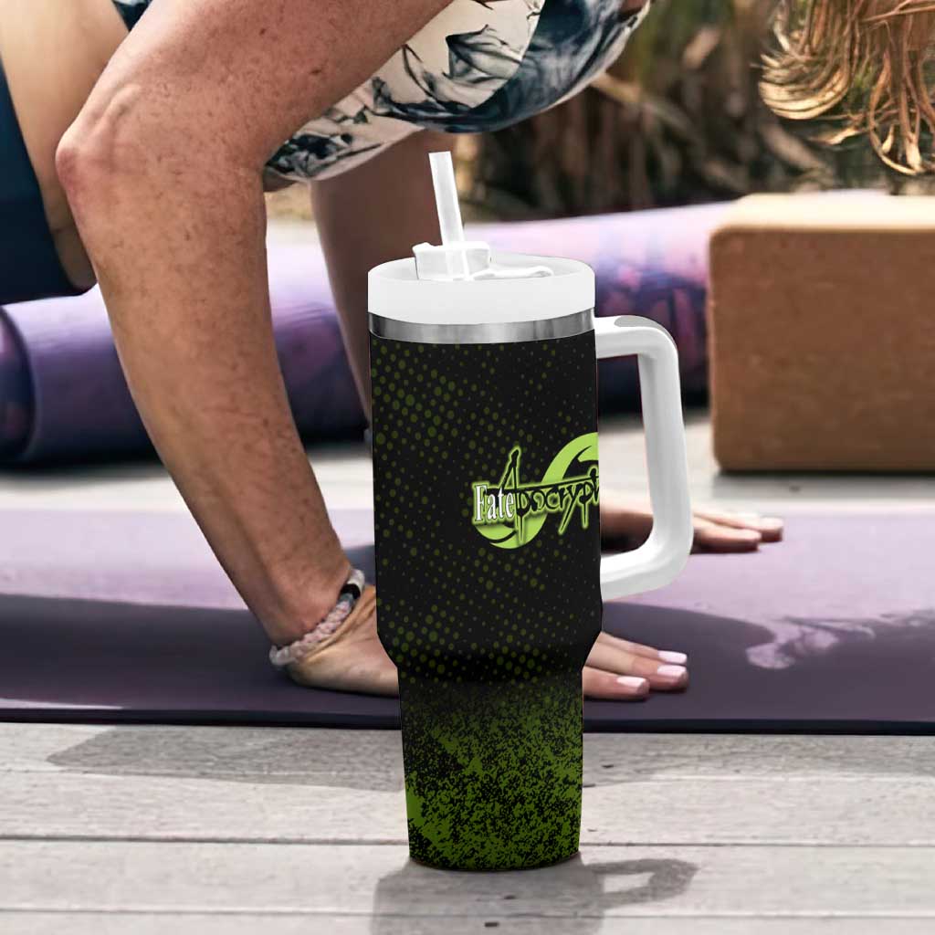Achilles Fate Apocrypha Theme Tumbler With Handle with Spear Pose and Green Black Grunge Graphic Design - The Mazicc