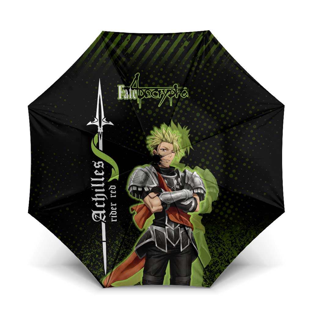 Achilles Fate Apocrypha Theme Umbrella with Spear Pose and Green Black Grunge Graphic Design - The Mazicc