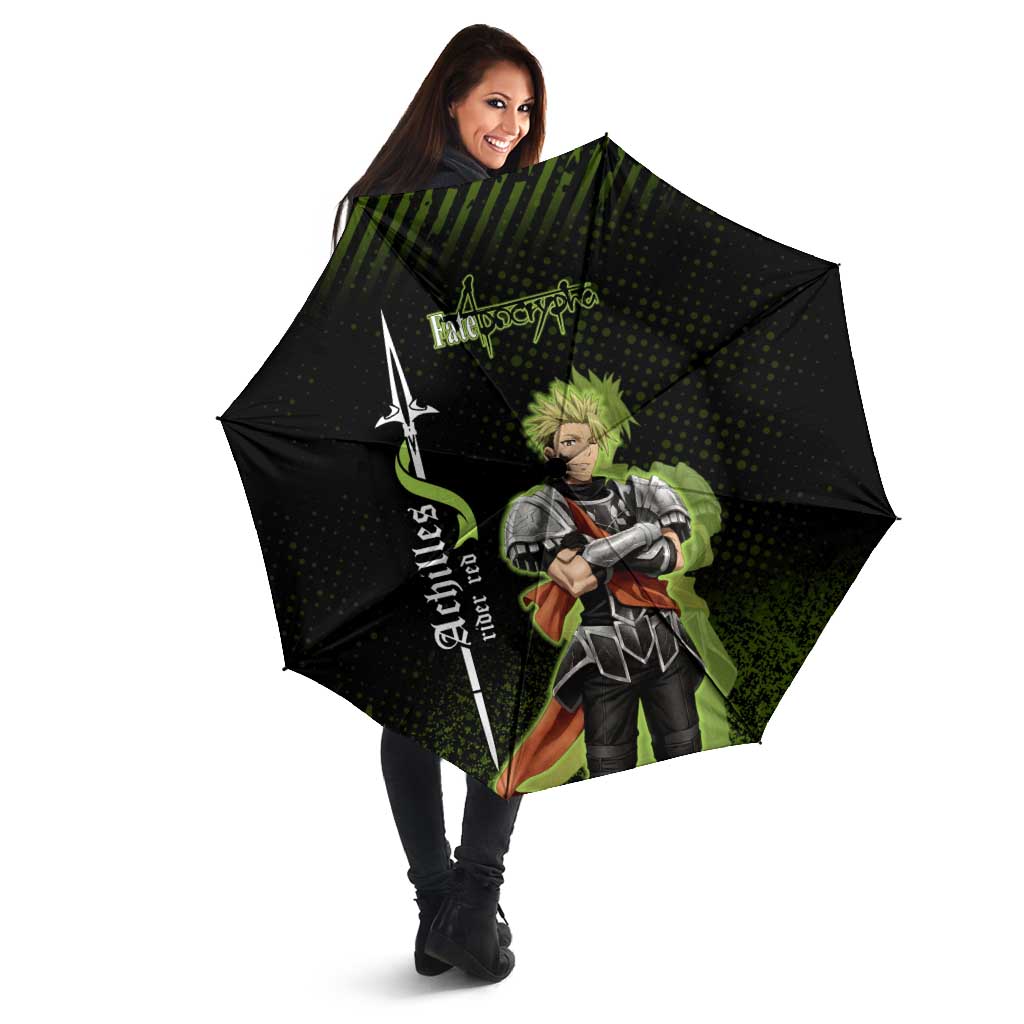 Achilles Fate Apocrypha Theme Umbrella with Spear Pose and Green Black Grunge Graphic Design - The Mazicc