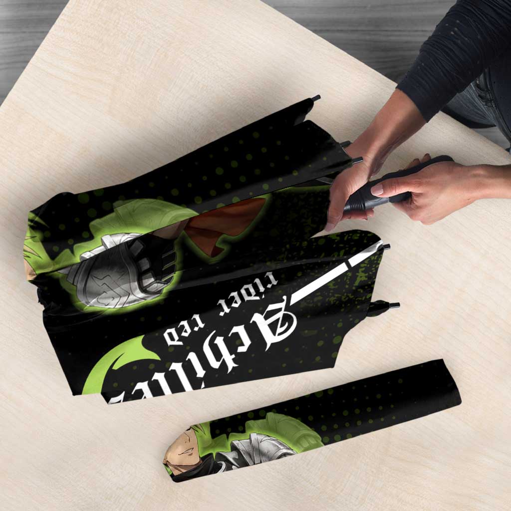 Achilles Fate Apocrypha Theme Umbrella with Spear Pose and Green Black Grunge Graphic Design - The Mazicc