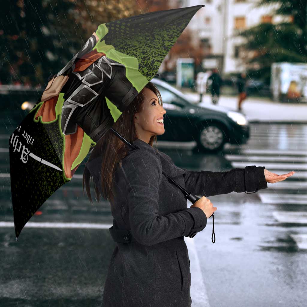 Achilles Fate Apocrypha Theme Umbrella with Spear Pose and Green Black Grunge Graphic Design - The Mazicc