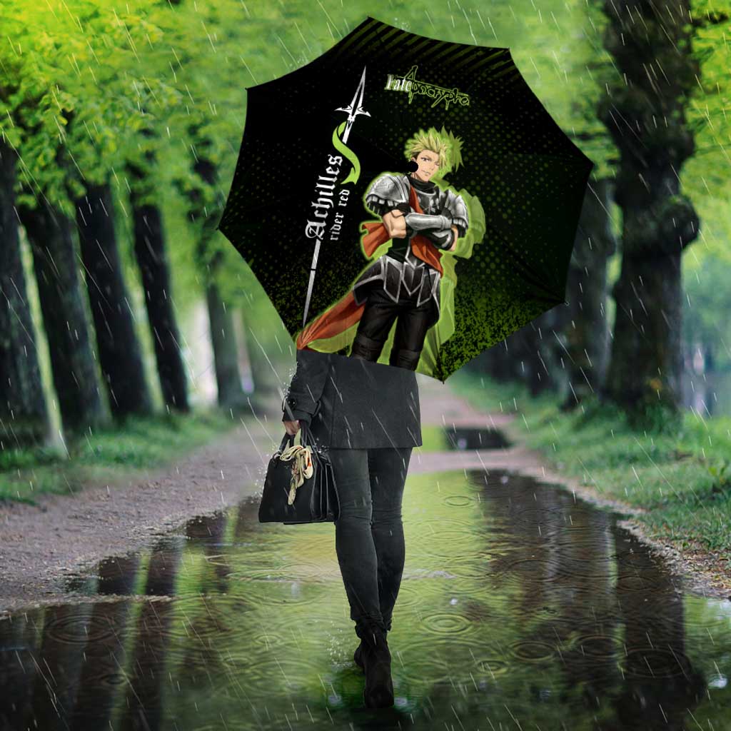 Achilles Fate Apocrypha Theme Umbrella with Spear Pose and Green Black Grunge Graphic Design - The Mazicc