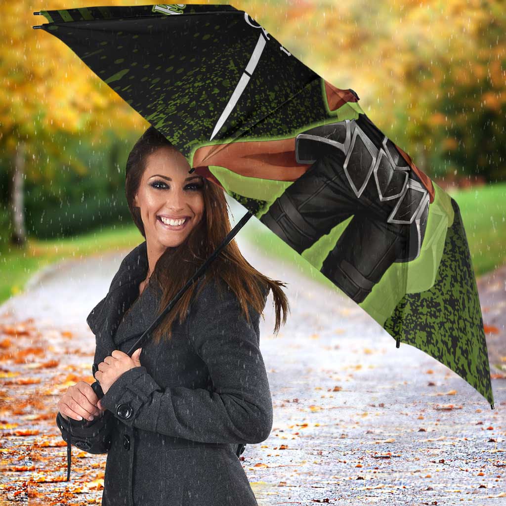 Achilles Fate Apocrypha Theme Umbrella with Spear Pose and Green Black Grunge Graphic Design - The Mazicc