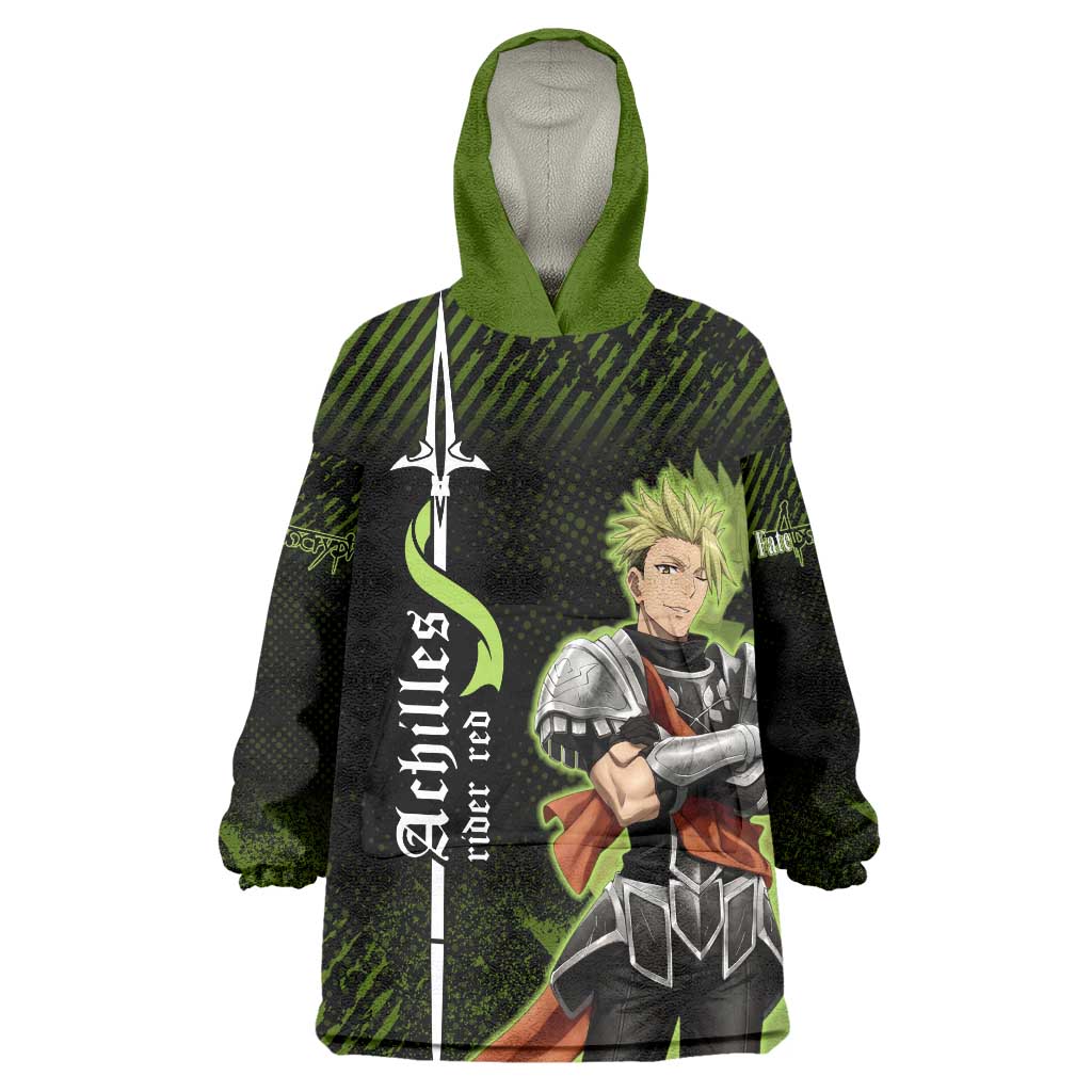 Achilles Fate Apocrypha Theme Wearable Blanket Hoodie with Spear Pose and Green Black Grunge Graphic Design - The Mazicc