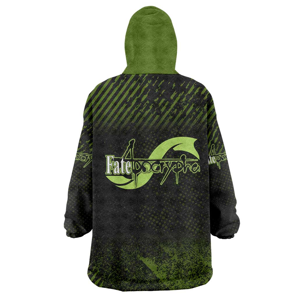 Achilles Fate Apocrypha Theme Wearable Blanket Hoodie with Spear Pose and Green Black Grunge Graphic Design - The Mazicc