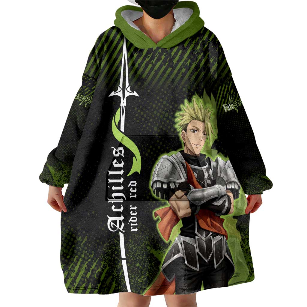 Achilles Fate Apocrypha Theme Wearable Blanket Hoodie with Spear Pose and Green Black Grunge Graphic Design - The Mazicc