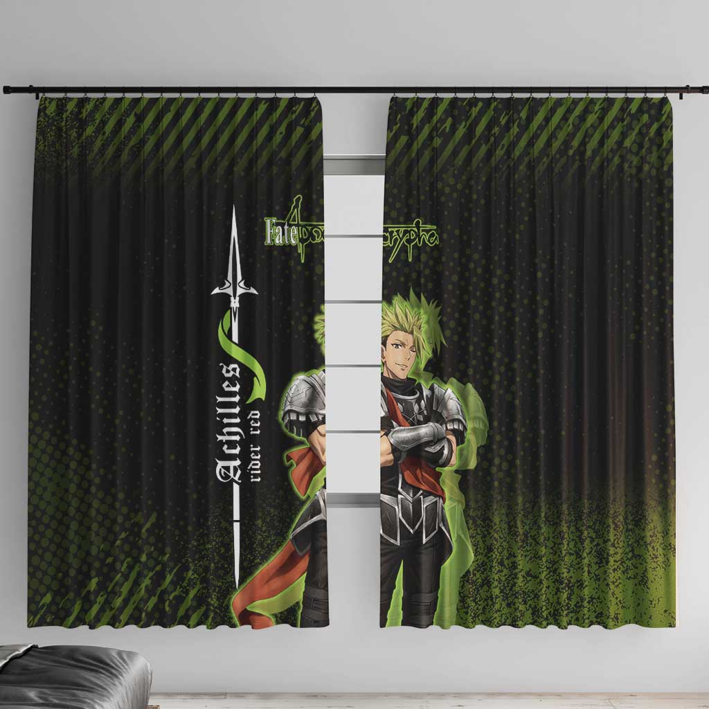 Achilles Fate Apocrypha Theme Window Curtain with Spear Pose and Green Black Grunge Graphic Design - The Mazicc