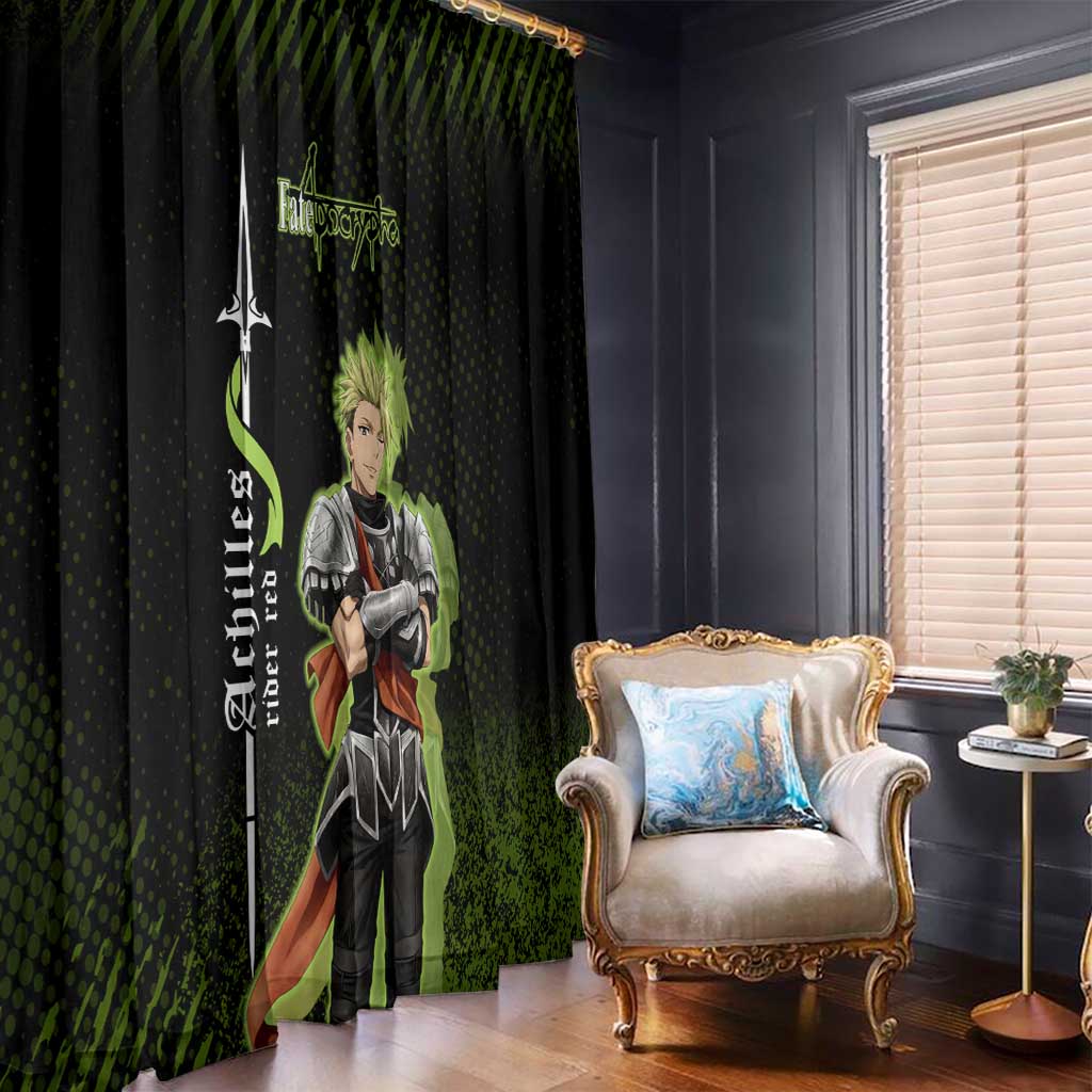 Achilles Fate Apocrypha Theme Window Curtain with Spear Pose and Green Black Grunge Graphic Design - The Mazicc