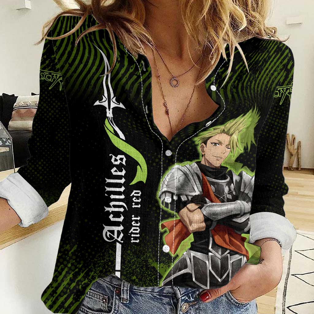 Achilles Fate Apocrypha Theme Women Casual Shirt with Spear Pose and Green Black Grunge Graphic Design - The Mazicc