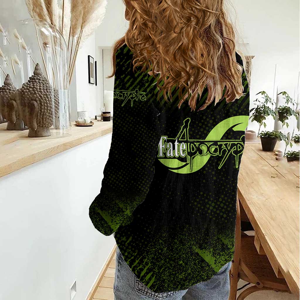 Achilles Fate Apocrypha Theme Women Casual Shirt with Spear Pose and Green Black Grunge Graphic Design - The Mazicc