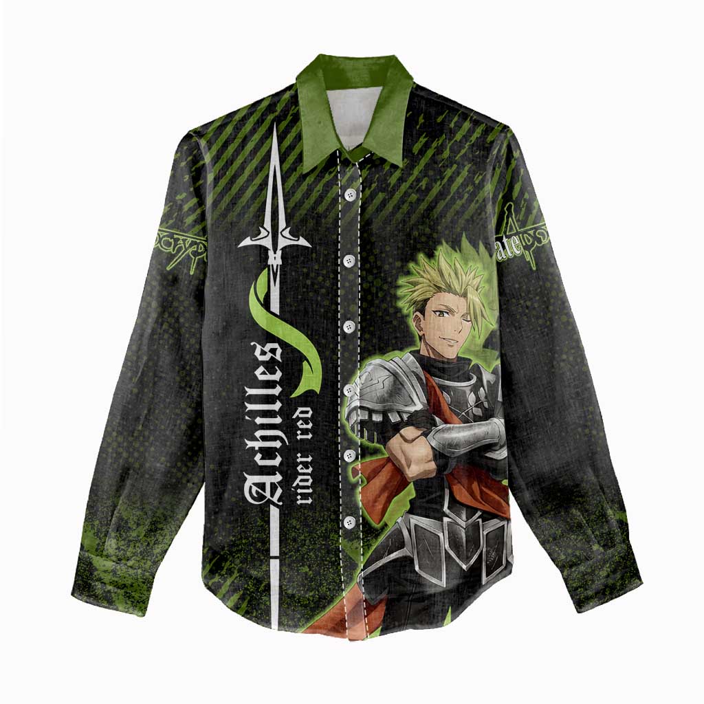 Achilles Fate Apocrypha Theme Women Casual Shirt with Spear Pose and Green Black Grunge Graphic Design - The Mazicc
