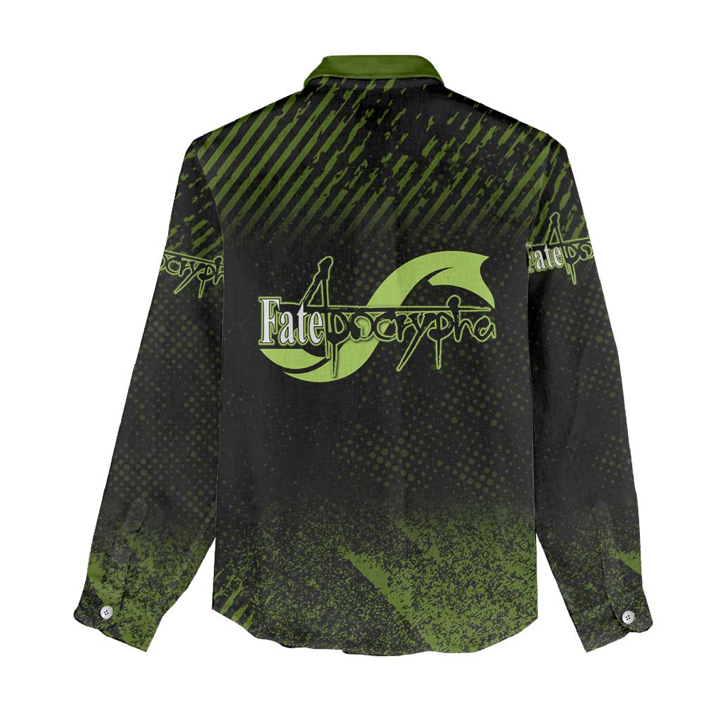 Achilles Fate Apocrypha Theme Women Casual Shirt with Spear Pose and Green Black Grunge Graphic Design - The Mazicc