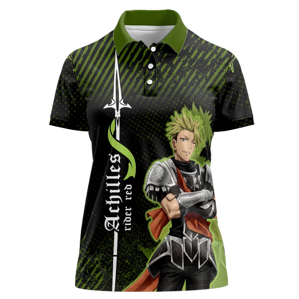 Achilles Fate Apocrypha Theme Women Polo Shirt with Spear Pose and Green Black Grunge Graphic Design - The Mazicc