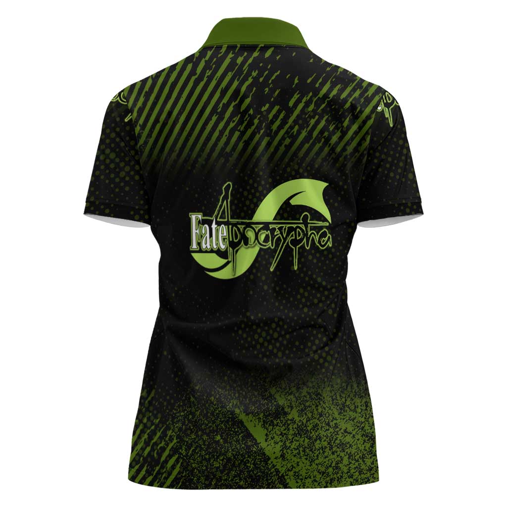 Achilles Fate Apocrypha Theme Women Polo Shirt with Spear Pose and Green Black Grunge Graphic Design - The Mazicc