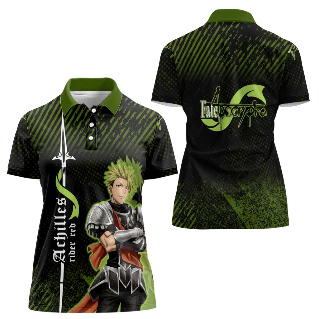 Achilles Fate Apocrypha Theme Women Polo Shirt with Spear Pose and Green Black Grunge Graphic Design - The Mazicc